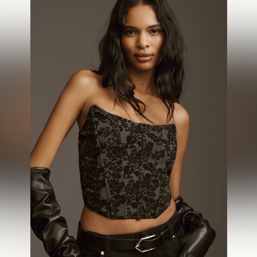 Anthropologie $118 Black / Gray Floral strapless Corset size XL